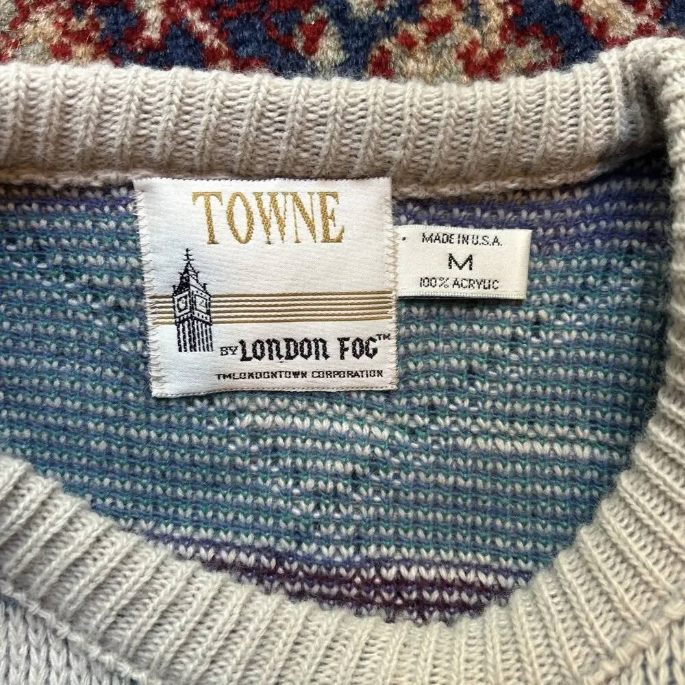 Vintage Towne By London Fog Sweater Mens M White Abstract Knit Geometric 80s